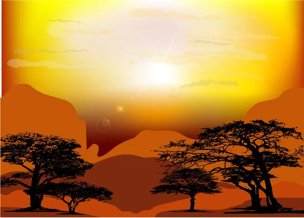 Sonnenaufgang Der Wüste Mit Der Silhouette Von Agavenhalmen Und Felsen — Stockvektor