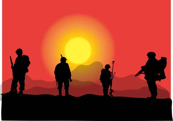 Vecteur Silhouette Des Soldats Coucher Soleil — Image vectorielle