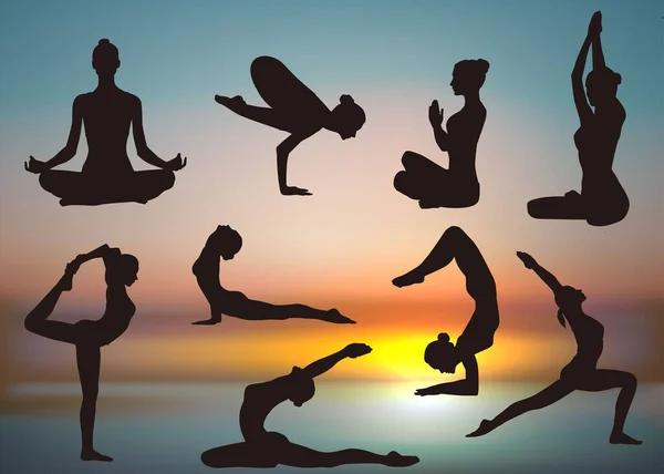 Pose Yoga Siluet Dalam Berbagai Pose - Stok Vektor