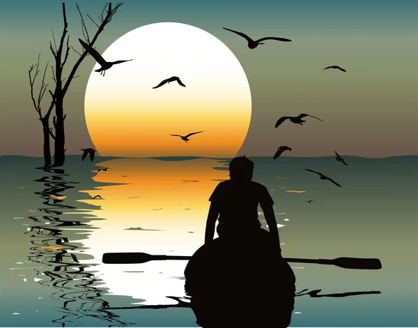 Einsamer Kerl Der Bei Sonnenuntergang Einem Boot Sitzt — Stockvektor
