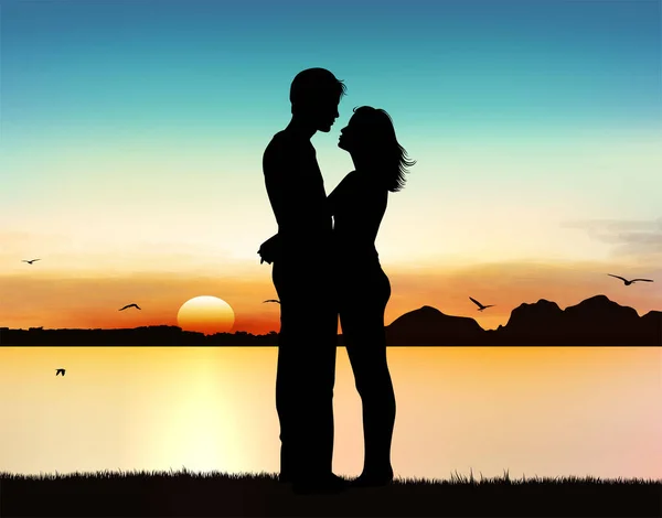 Silhouette Hugging Lovely Couple Colorful Scenic Sunset — Stock Vector