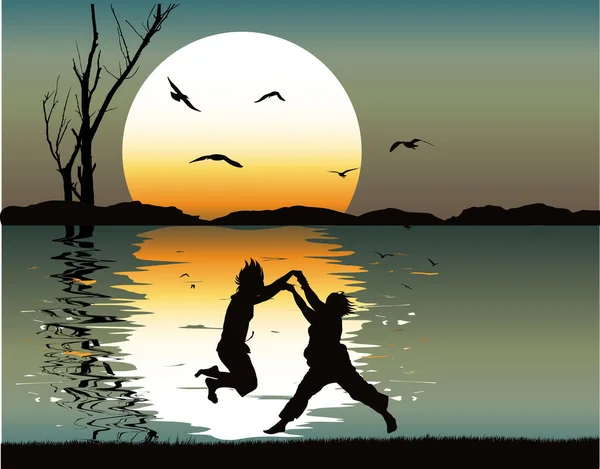 Zwei Kinder Tanzen Sonnenuntergang — Stockvektor
