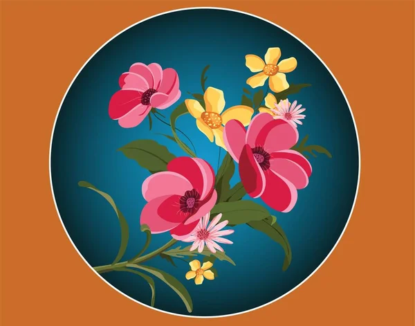 Flowers Painting Colorful Classical Blooming Sketch Circle — ストックベクタ