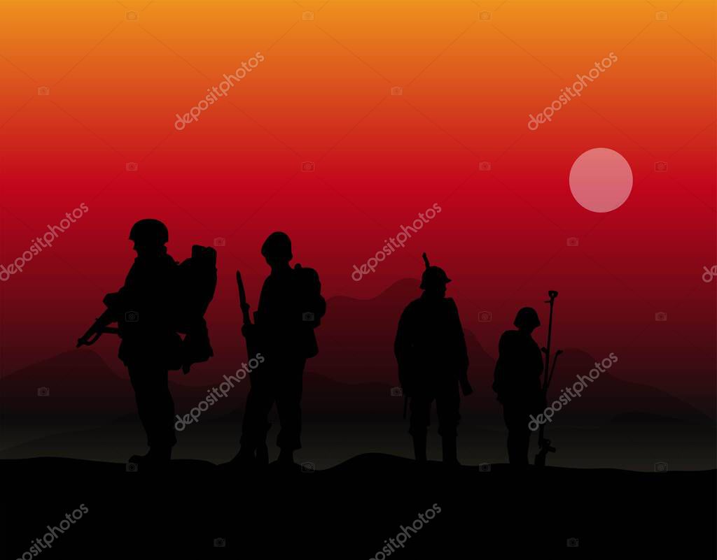 Silhouettes of walking soldiers on patrol with figures as separate elements