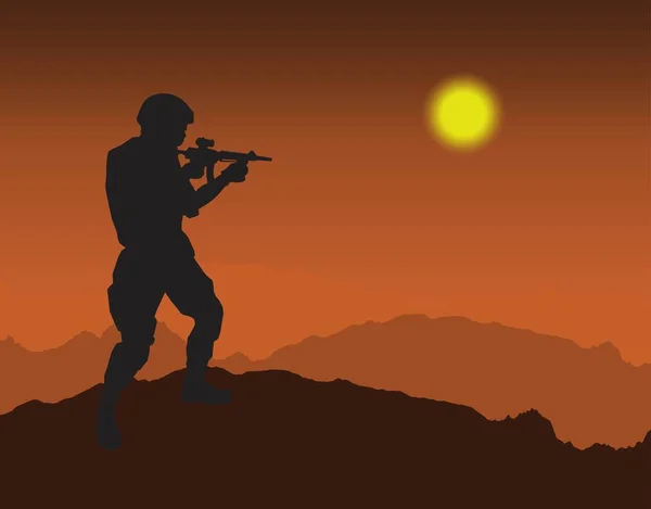 Silhouettes Man Standing Mountain Holding Gun — Wektor stockowy