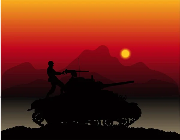 Silhouette Tank Soldier Sunset — стоковый вектор