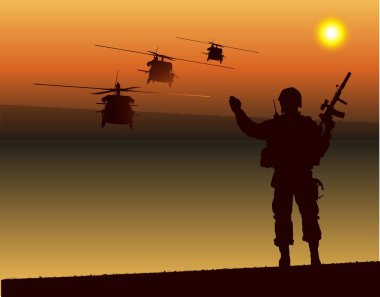 Helikopterle hareket eden bir adamın silueti. 