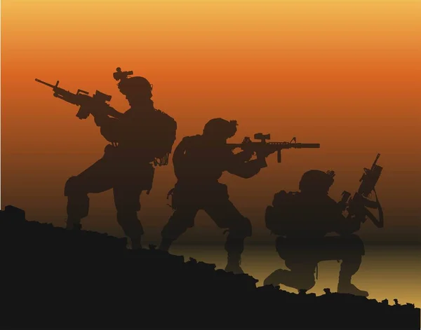 the silhouette of soldiers fighting with guns