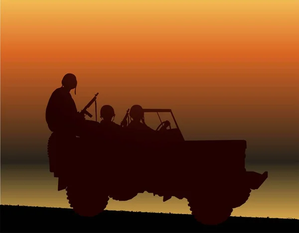 the silhouette of soldiers on the jeep