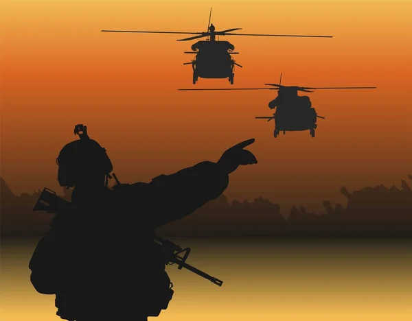 Las Siluetas Helicópteros Volando Con Los Soldados — Archivo Imágenes Vectoriales