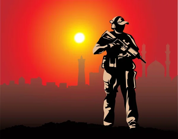 Silhouettes Soldier Standing Guard City — стоковый вектор