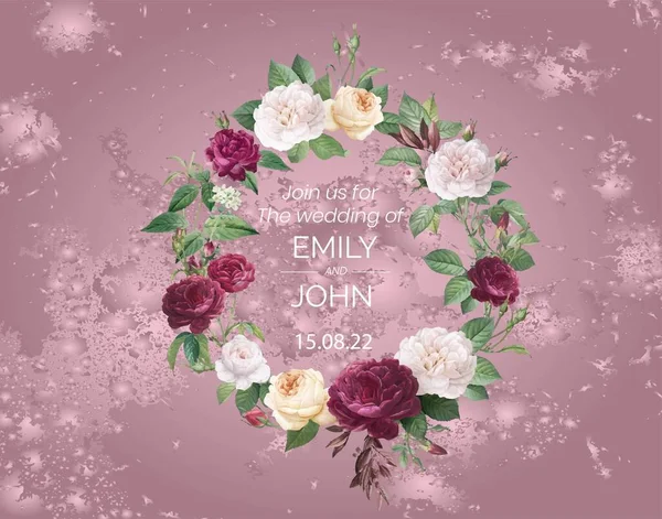 Flowers Garland Wedding Invitation Pink Background — Vetor de Stock