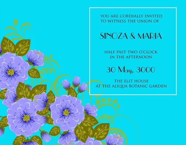 Blue Wedding Invitation Card Watercolor Floral Decoration — Stok Vektör