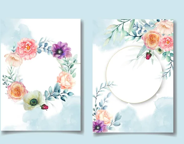 Cartão Convite Casamento Conjunto Com Flor Aquarela — Vetor de Stock