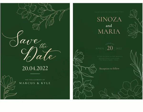 Wedding Invitation Set Golden Floral Frame — Stok Vektör