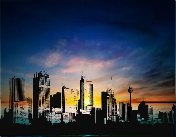 Silhouette Grande Ville Skyline Pendant Lever Soleil — Image vectorielle