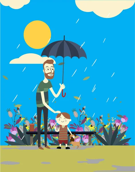 Yağmurda Oğlu Ile Baba — Stok Vektör