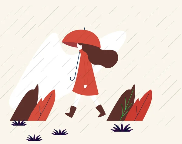 Mädchen Mit Regenschirm Läuft Regen — Stockvektor