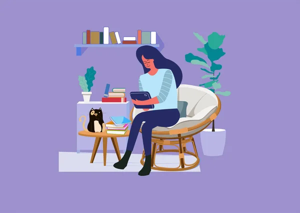 Mujer Joven Usando Iconos Ipad — Vector de stock