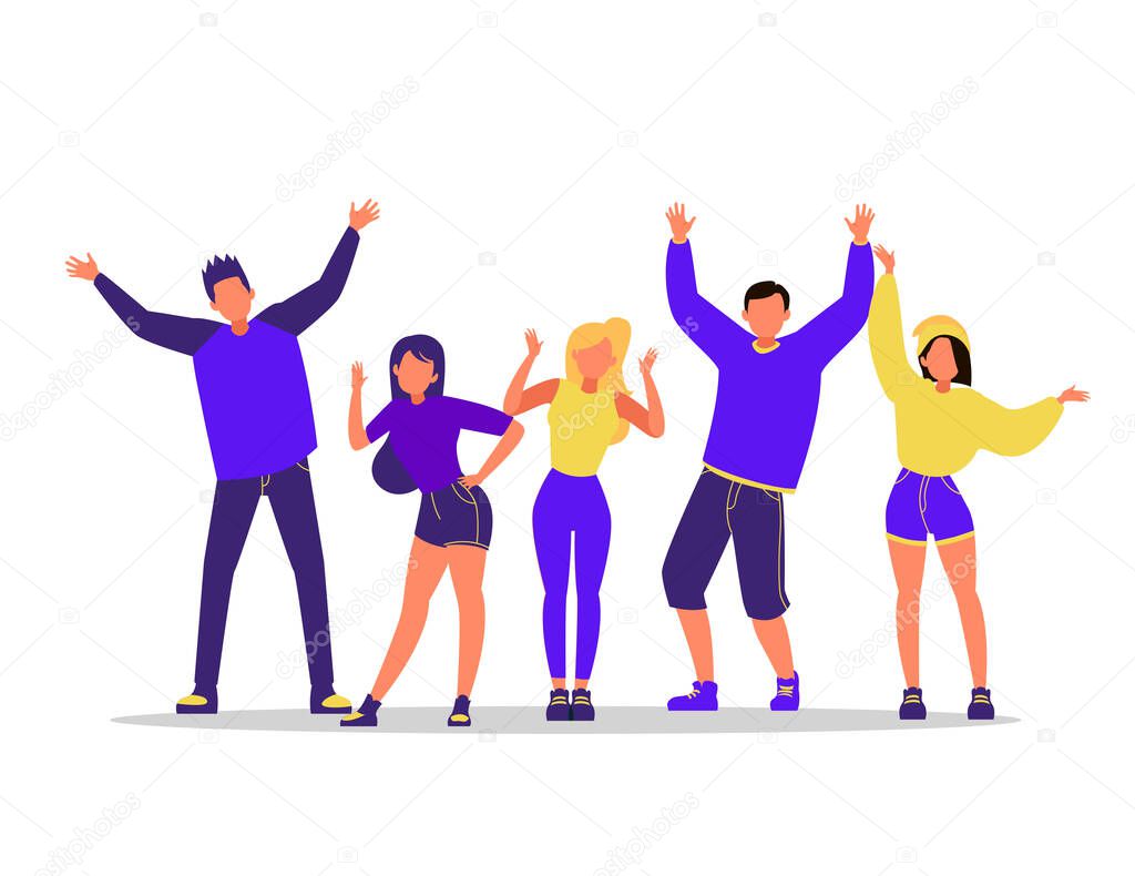 Group of young happy dancing people isolated on white background