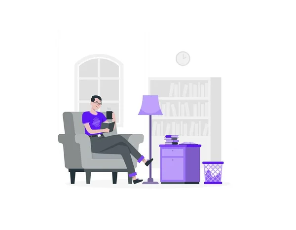 Person Reading Book Sitting Armchair Window Living Room — Vector de stock