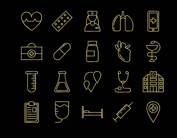 Gold Medical Icons Isolate Black Background — Διανυσματικό Αρχείο