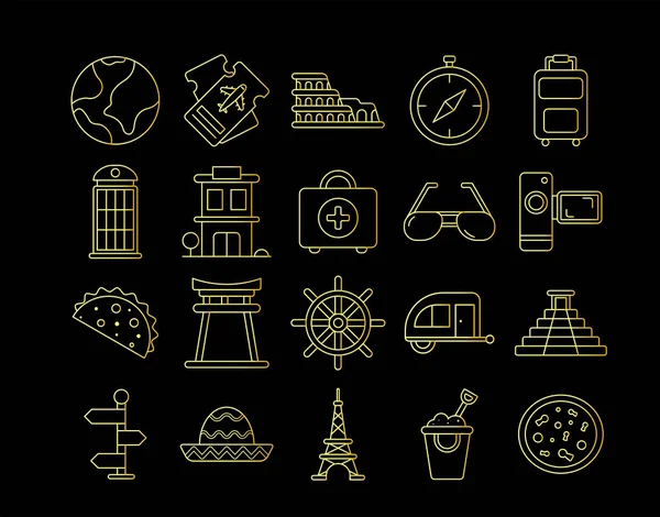 Set Gold Travel Reseach Icons — Vetor de Stock