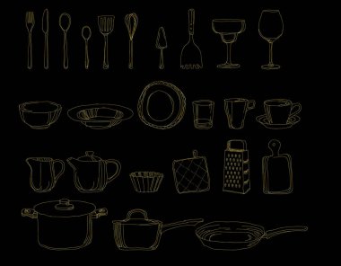 Altın el mutfak ikonları çizer