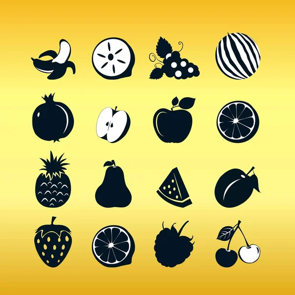 Black Fruit Icons Isolate Gold Background — Stock Vector