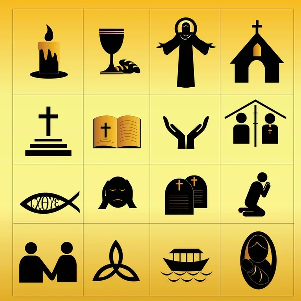 Black Christian Faith Icons Isolate Gold Background — Stock Vector