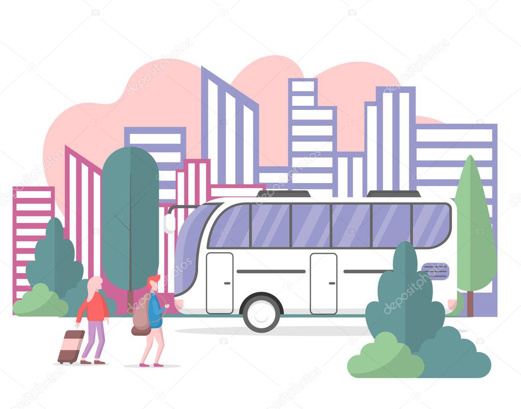 Tourist man and woman go to the bus vector illustration