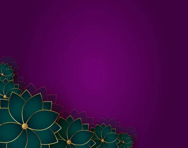 Golden Green Flowers Purple Background — ストックベクタ