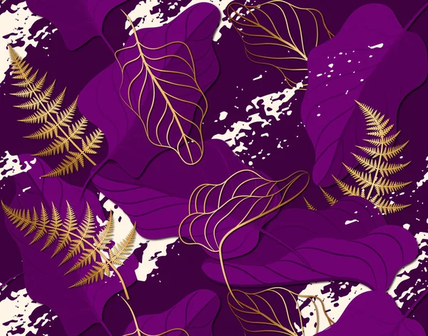 Leaves Seamless Pattern Splash Dark Purple Background — Wektor stockowy