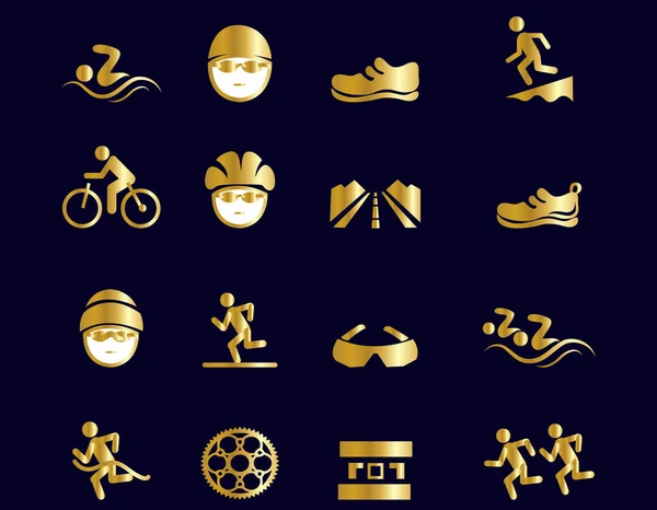 Triathlon Golden Icons Blue Background — ストックベクタ