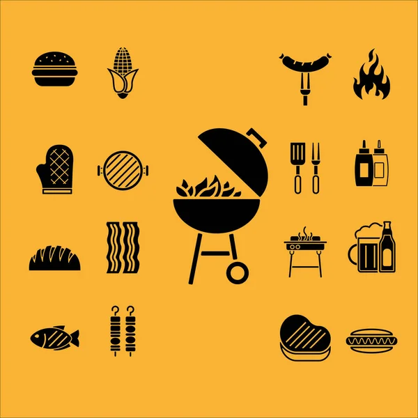 Set Barbecue Icons Isolate Yellow Background — Stock Vector