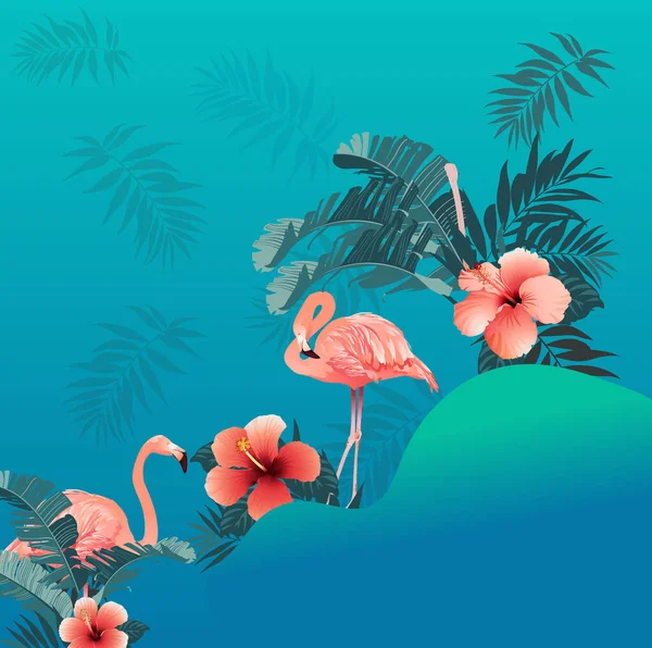 Flamingo Bird Tropical Flowers Background — Vettoriale Stock