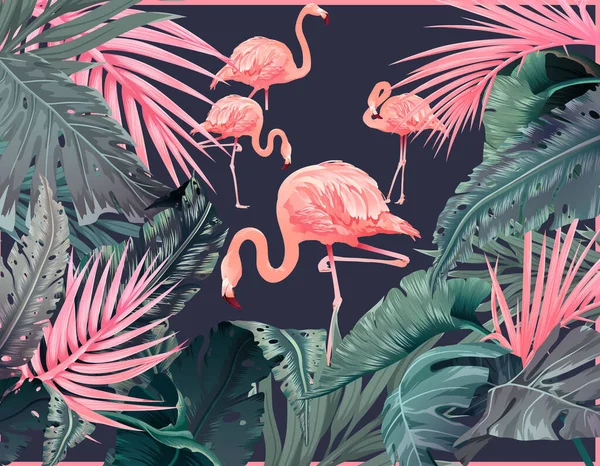 Beautiful Flamingo Bird Tropical Flowers — Stockvektor