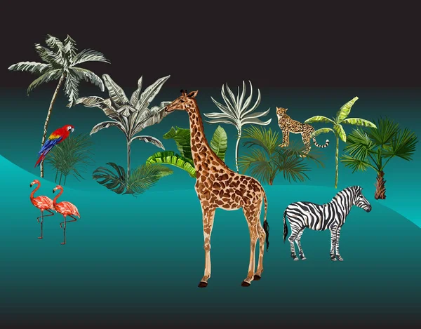 Tropical Background Palm Trees Leaves Leopard Zebra Giraffe Parrot Flamingo - Stok Vektor