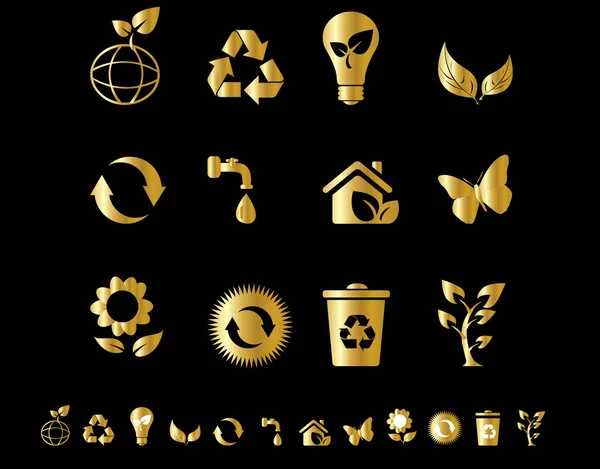 Gold Eco Icons Isolate Black Background — Stockvector