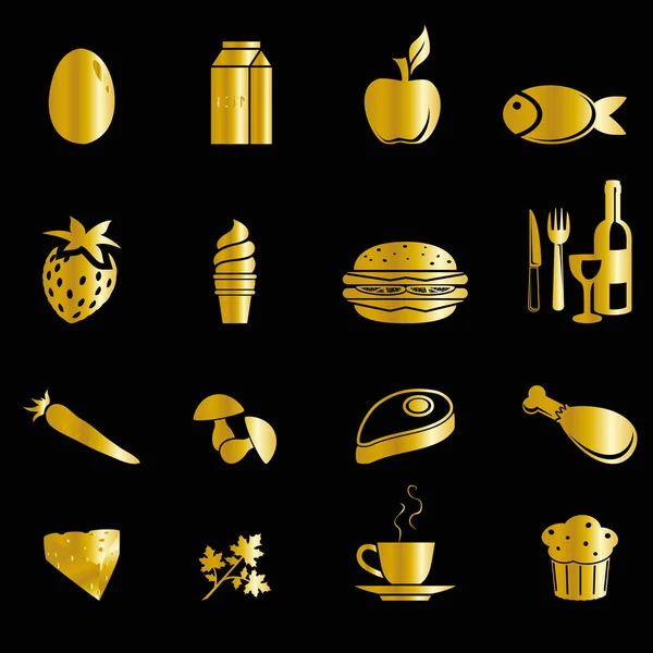 Gold Food Icons Isolated Black Background — Archivo Imágenes Vectoriales