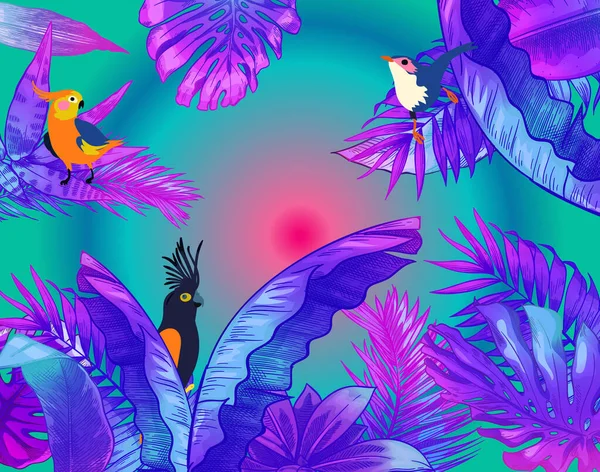 Background Wallpaper Cover Tropical Plants Flowers Birds Neon — Stockvektor