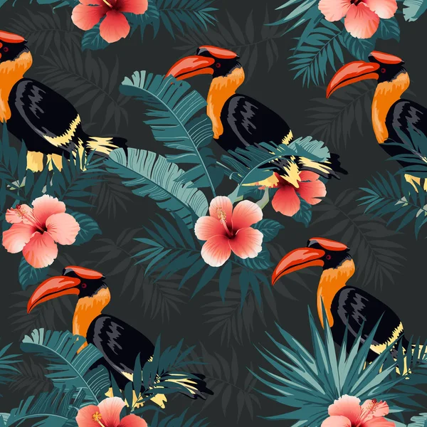 Tropische Blumen Und Vögel Nahtloser Hintergrund — Stockvektor