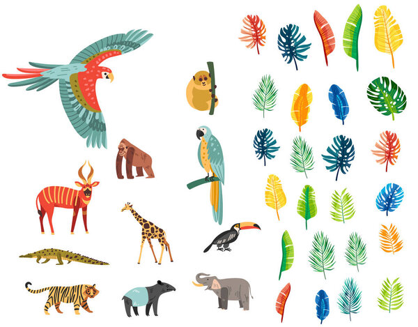 jungle set isolated icons with exotic birds wild animals with tropical plants trees