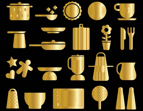 Gold Kitchen Icons Set — Stok Vektör