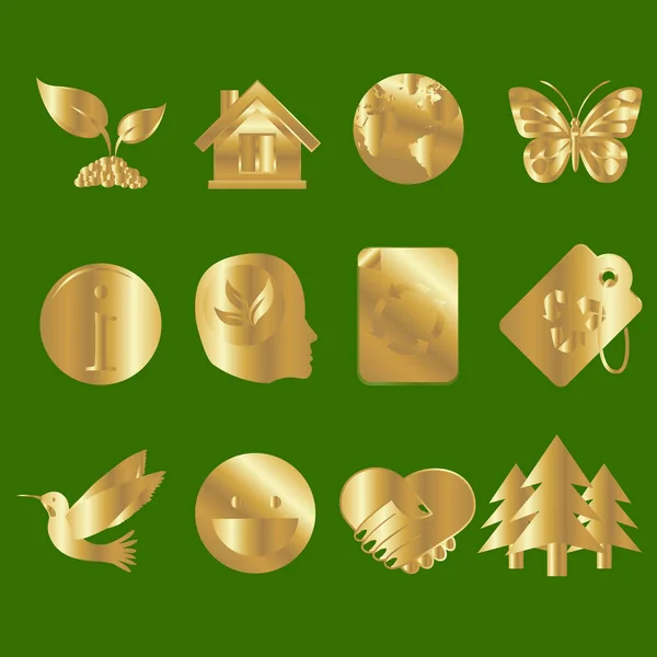Set Gold Green Icons — Vetor de Stock