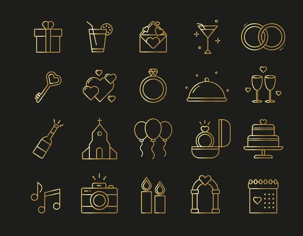 Set Gold Line Wedding Icons — Vector de stock