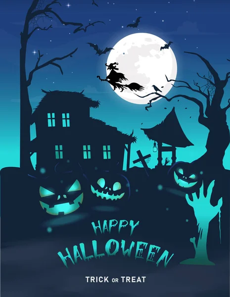 Background Full Moon Silhouettes Scary Characters Pumpkin Zombie Hand — 스톡 벡터