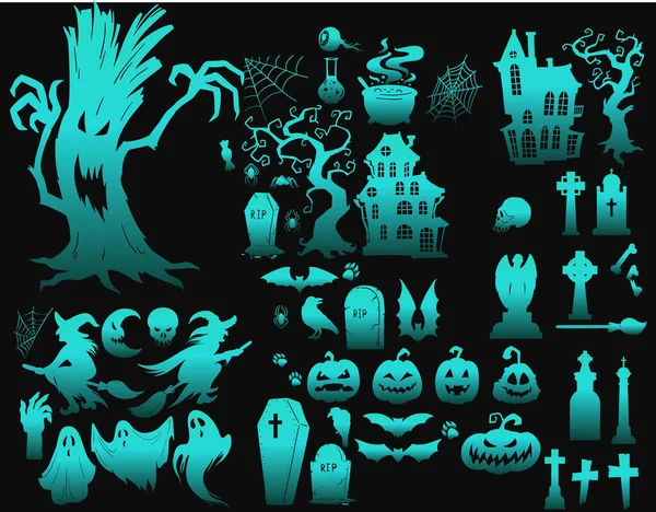Cartoon Halloween Spooky Evil Silhouettes Witches Monsters Creepy Ghost — Stok Vektör
