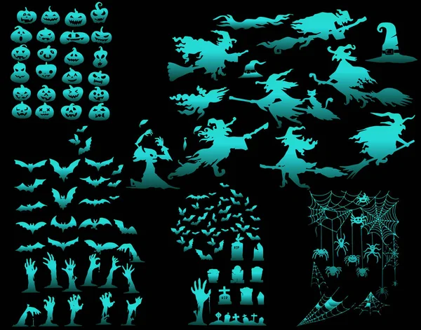 Collection Silhouettes Halloween Creepy Pumpkins Scary Trees Ghosts Set — Stockvektor
