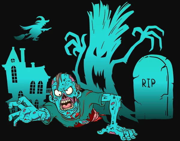 Zombie Asustadizo Con Sangre Herida Cuerpo Arrastrándose Por Cementerio — Vector de stock